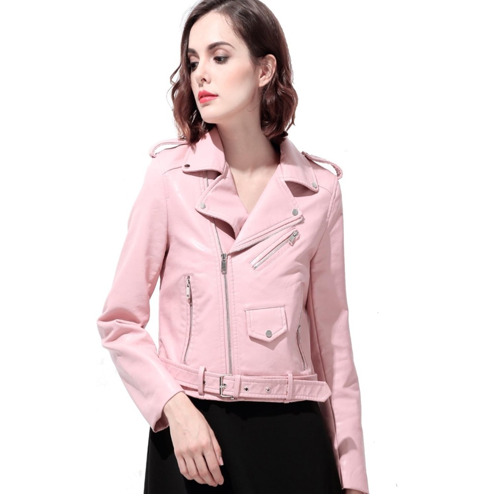 image:imageLY VAREY LIN Womens Faux Leather Motorcycle Jacket PU Slim Short Biker CoatPink