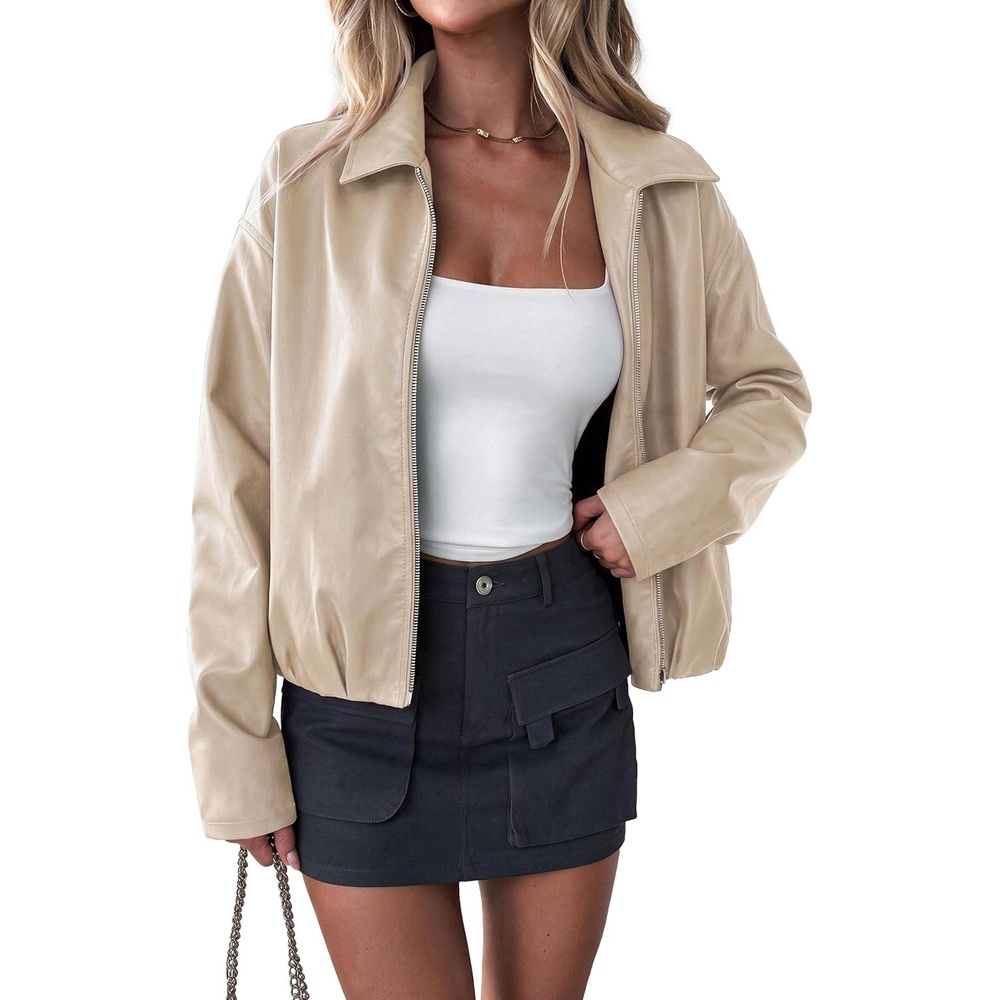 image:imagePRETTYGARDEN Faux Leather Motorcycle Jackets Womens CoatApricot