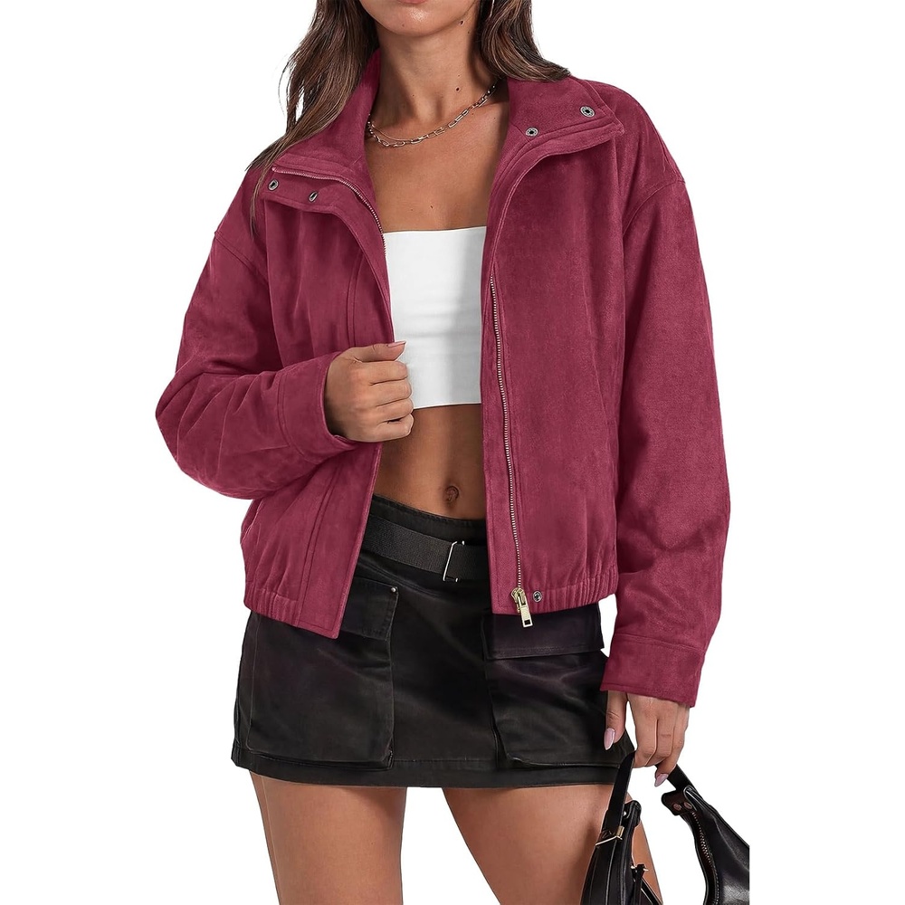 image:imagePRETTYGARDEN Lightweight Faux Suede Bomber Jacket Women Coats OuterwearBurgundy