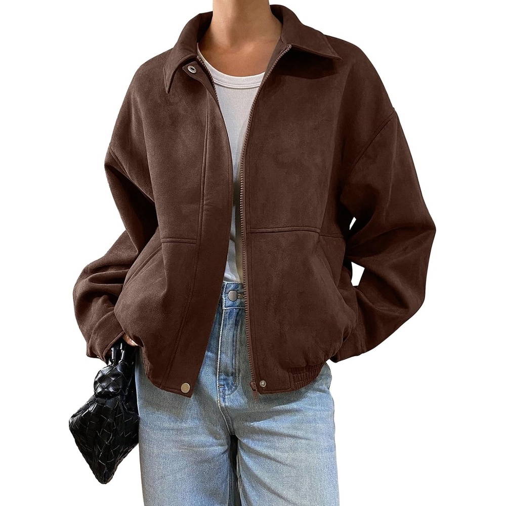 image:imageSHEWIN Womens Faux Suede Bomber Jacket Oversized Zip Up Cropped CoatCoffee