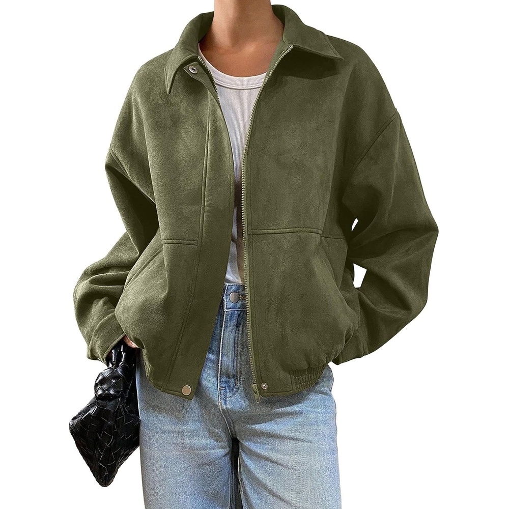 image:imageSHEWIN Womens Faux Suede Bomber Jacket Oversized Zip Up Cropped CoatForest Green