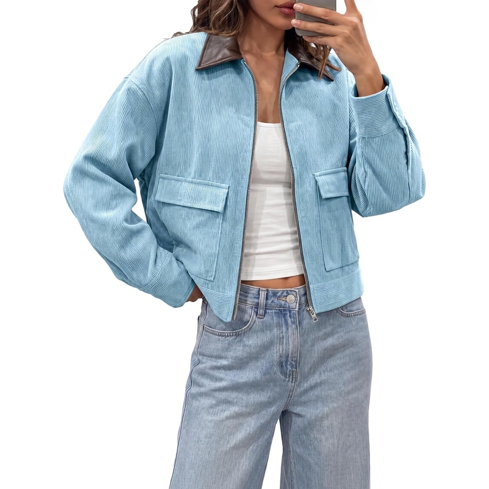image:imageTankaneo Womens Cropped Corduroy Jackets Oversized Zip Up Barn Bomber CoatBlue
