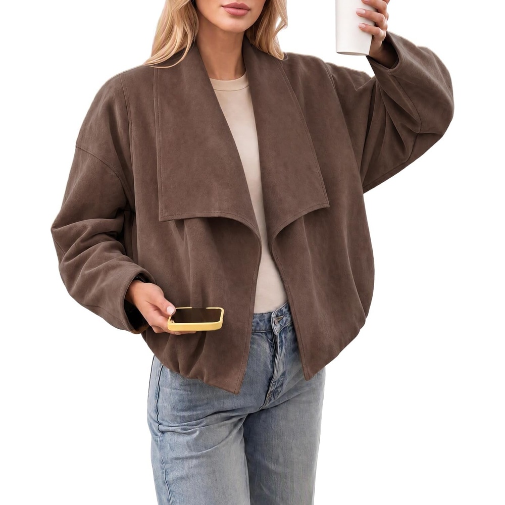 image:imageTankaneo Womens Open Front Faux Suede Jackets Oversized Cropped Lapel CoatsDark Brown