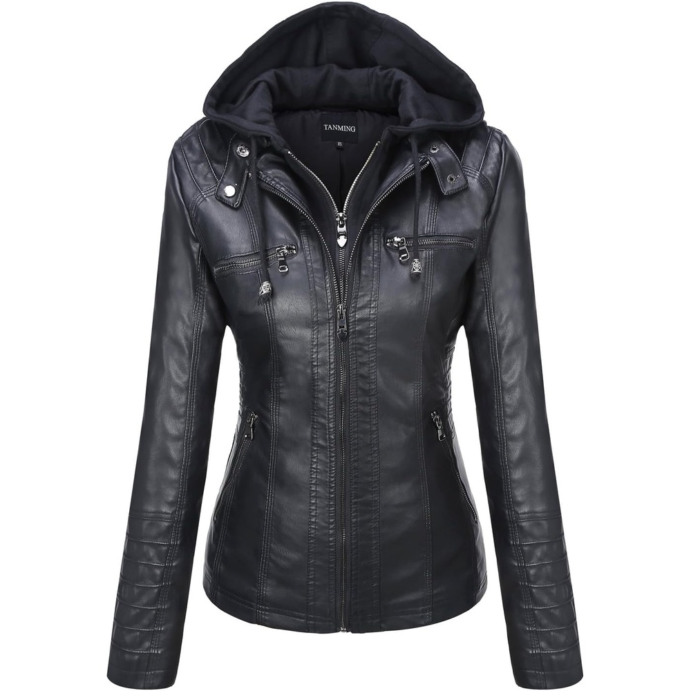 image:imageTanming Faux Leather Jacket Women Hooded Moto Biker CoatBlack
