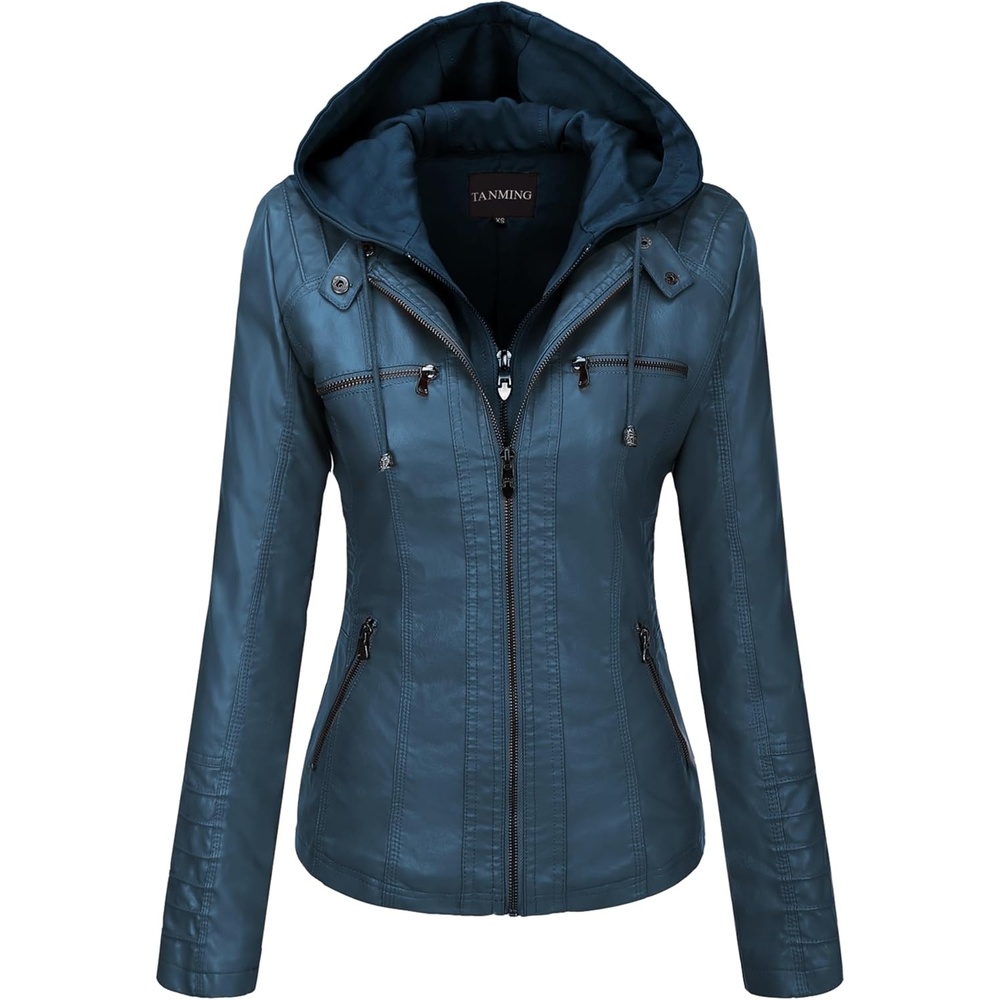 image:imageTanming Faux Leather Jacket Women Hooded Moto Biker CoatBlue
