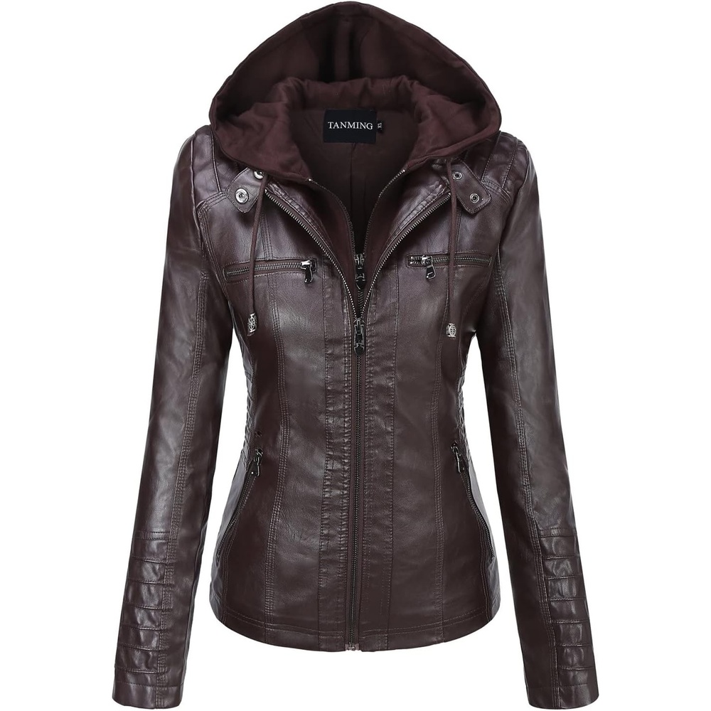 image:imageTanming Faux Leather Jacket Women Hooded Moto Biker CoatDark Coffee