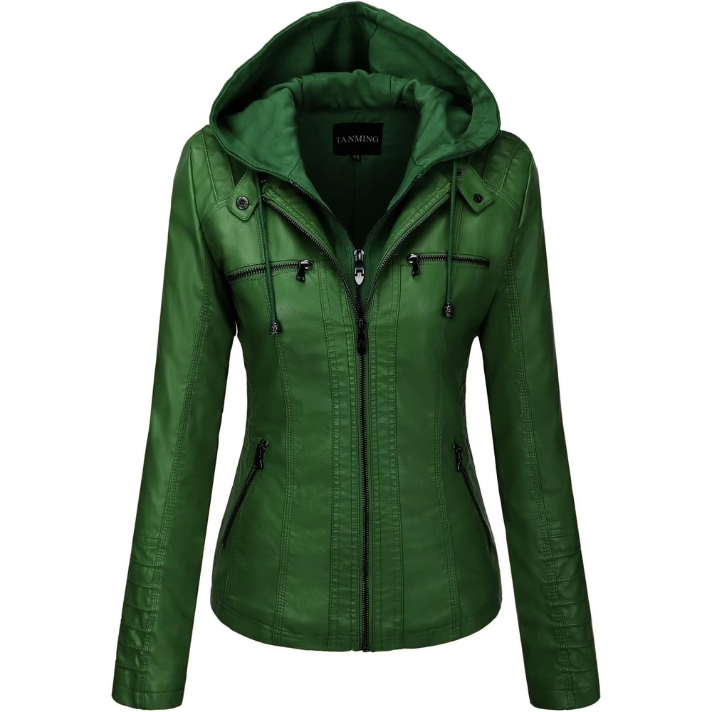 image:imageTanming Faux Leather Jacket Women Hooded Moto Biker CoatGreen