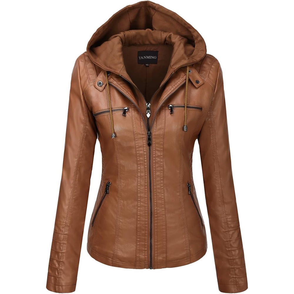 image:imageTanming Faux Leather Jacket Women Hooded Moto Biker CoatLightbrown