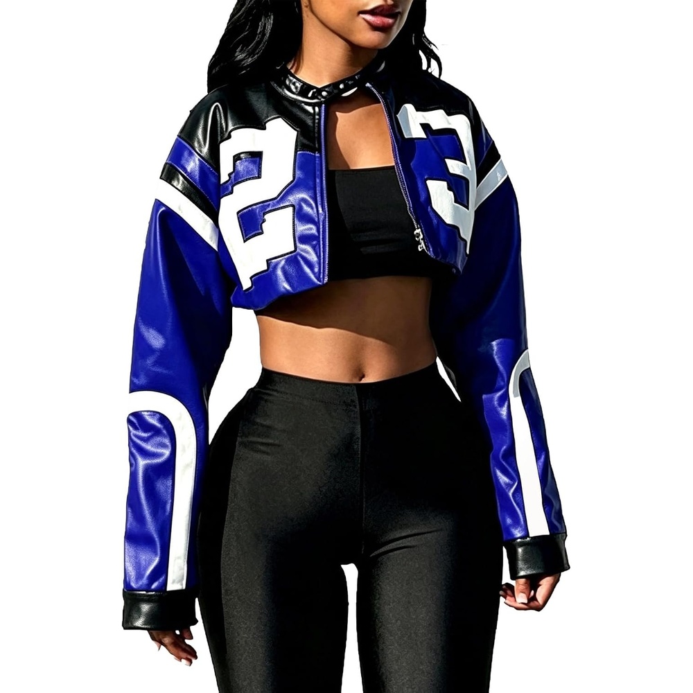 image:imageVOIKERDR Leather Jacket Cropped Jacket Motorcycle Jacket Y2K Letter Bomber Jacket Women Faux Leather Jacket StreetwearT Blue