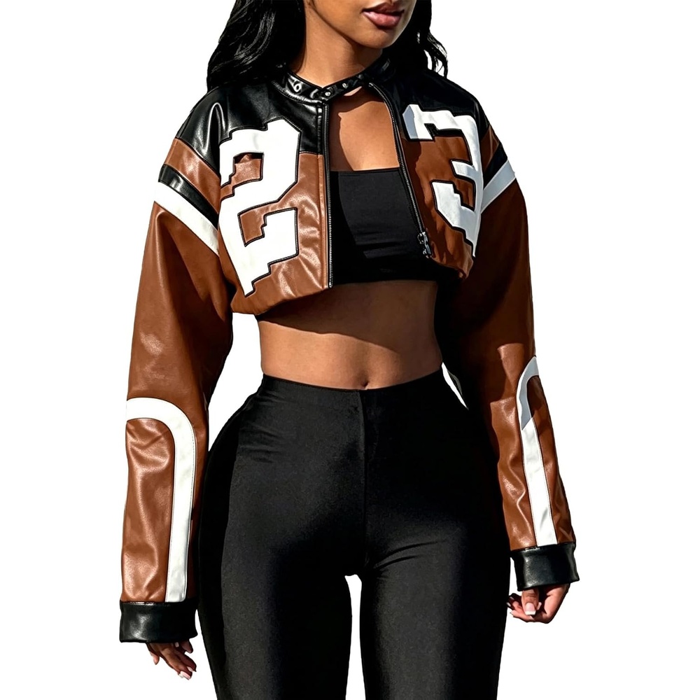 image:imageVOIKERDR Leather Jacket Cropped Jacket Motorcycle Jacket Y2K Letter Bomber Jacket Women Faux Leather Jacket StreetwearT Brown