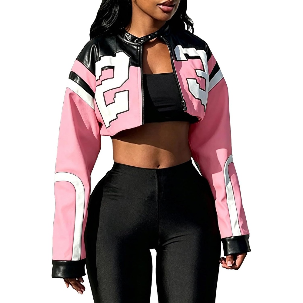 image:imageVOIKERDR Leather Jacket Cropped Jacket Motorcycle Jacket Y2K Letter Bomber Jacket Women Faux Leather Jacket StreetwearT Pink
