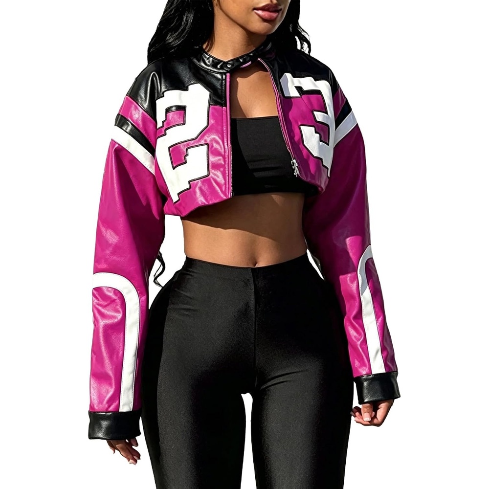 image:imageVOIKERDR Leather Jacket Cropped Jacket Motorcycle Jacket Y2K Letter Bomber Jacket Women Faux Leather Jacket StreetwearTrose Red
