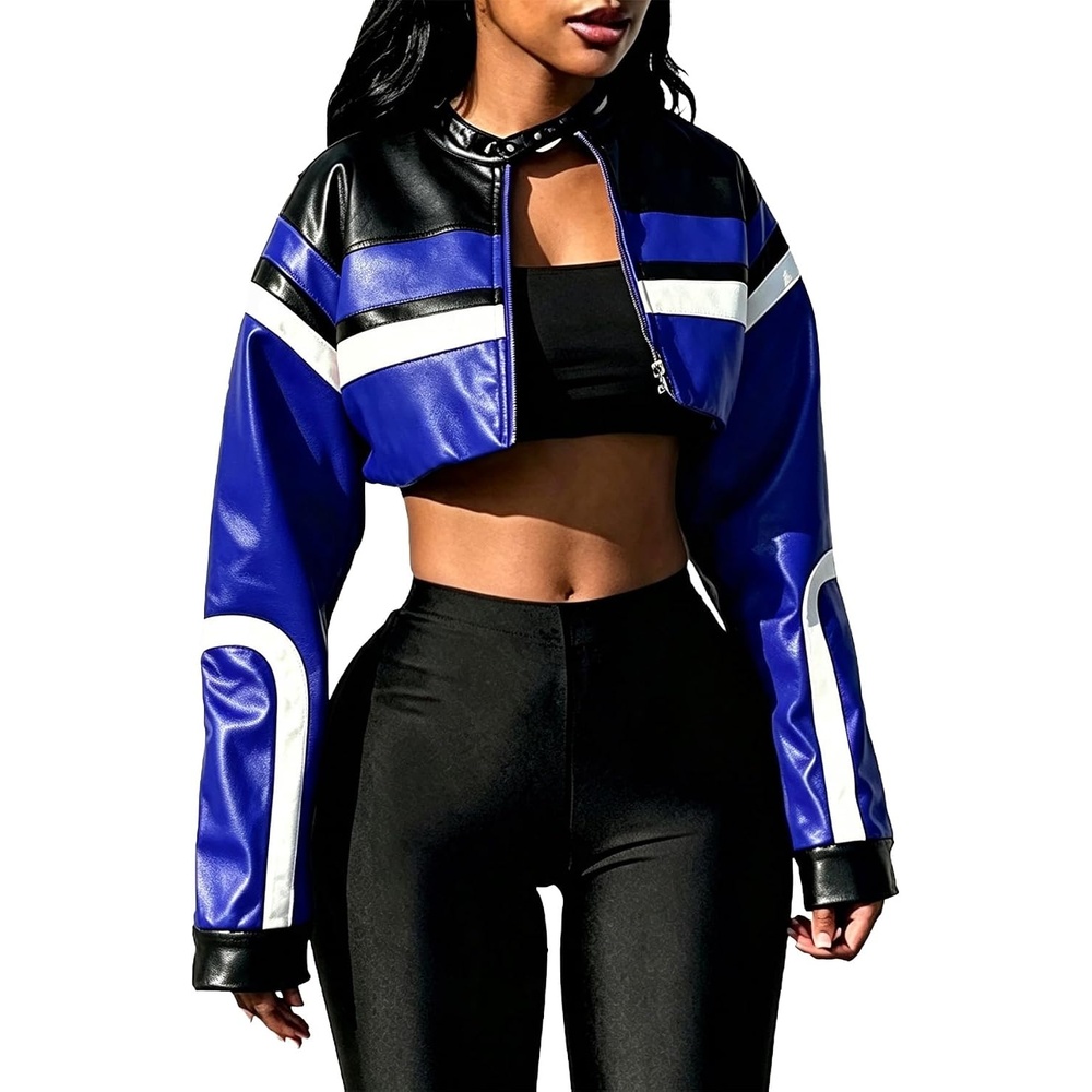image:imageVOIKERDR Leather Jacket Cropped Jacket Motorcycle Jacket Y2K Letter Bomber Jacket Women Faux Leather Jacket StreetwearW Blue