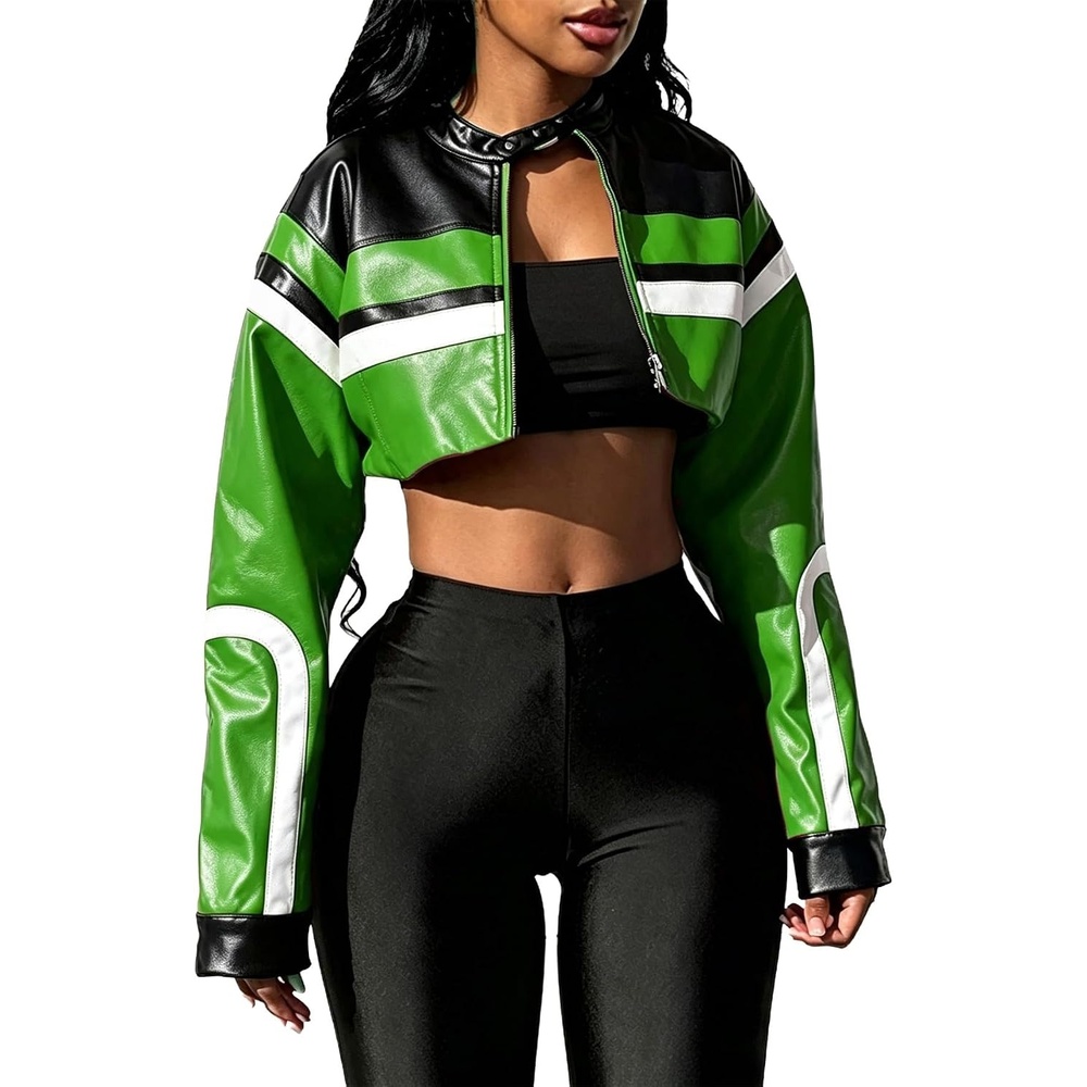 image:imageVOIKERDR Leather Jacket Cropped Jacket Motorcycle Jacket Y2K Letter Bomber Jacket Women Faux Leather Jacket StreetwearW Green