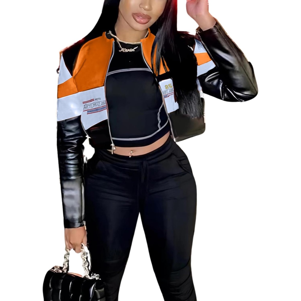 image:imageVOIKERDR Leather Jacket Women Zipper Moto Biker Short Leather Jacket Women Bomber Jacket Women Faux Leather JacketSu Orange