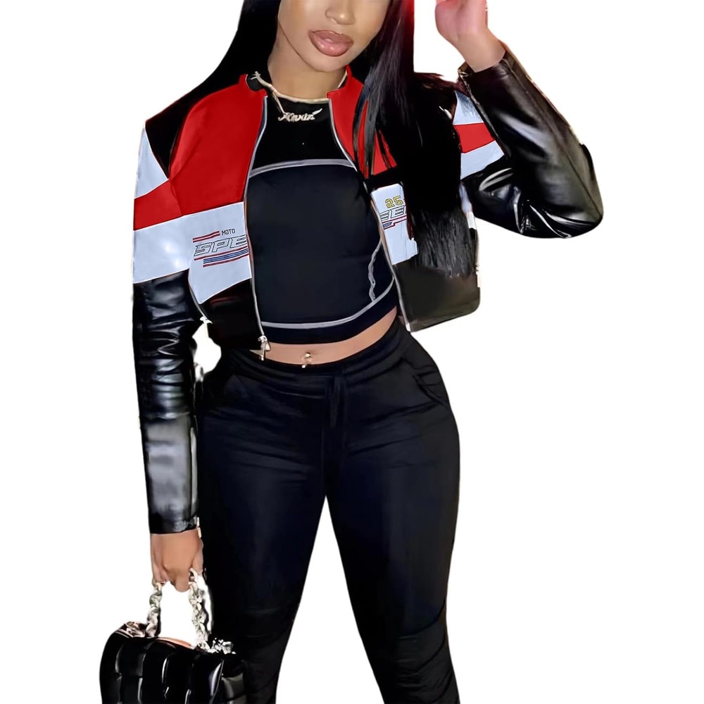 image:imageVOIKERDR Leather Jacket Women Zipper Moto Biker Short Leather Jacket Women Bomber Jacket Women Faux Leather JacketSu Red