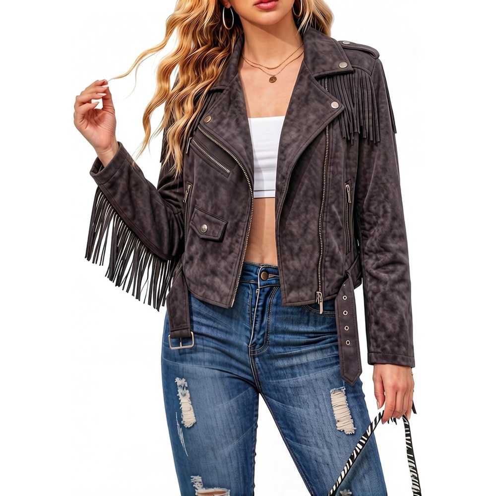 image:imageWomen Faux Leather Moto Jacket BeltedTassel TrimCoffeesuede