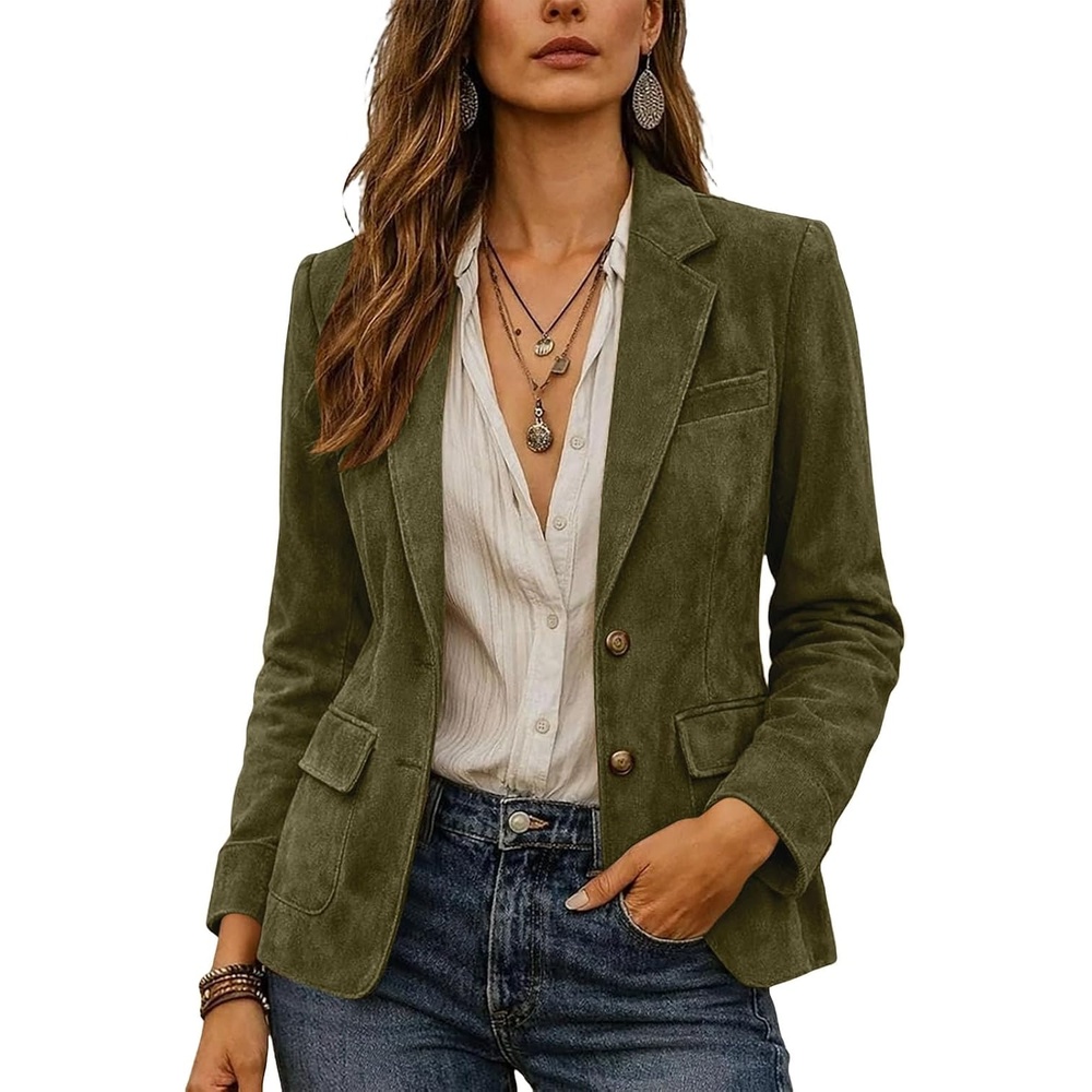 image:imageWomen Faux Suede Jacket Lapel Collar Long Sleeve Button Coat with PocketsArmy Green