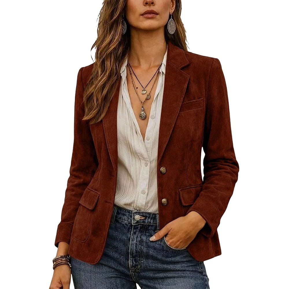 image:imageWomen Faux Suede Jacket Lapel Collar Long Sleeve Button Coat with PocketsBrown