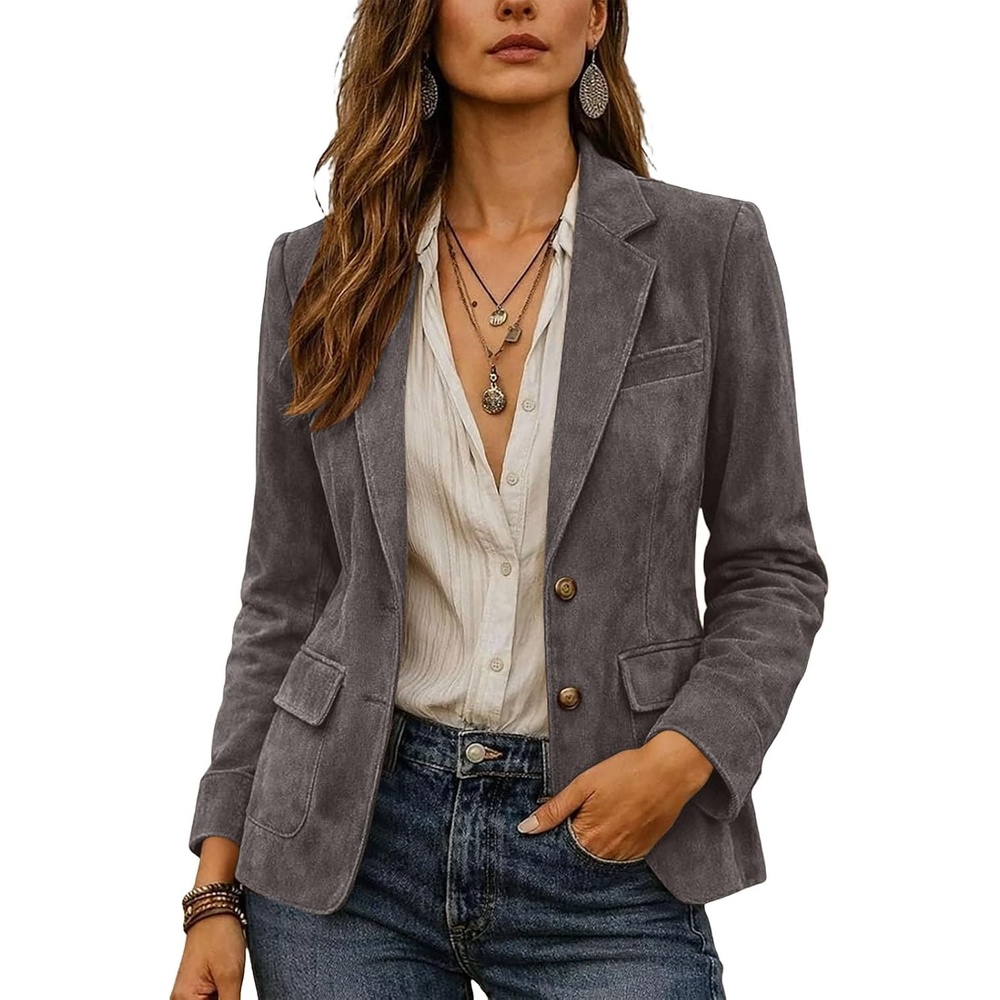 image:imageWomen Faux Suede Jacket Lapel Collar Long Sleeve Button Coat with PocketsGray