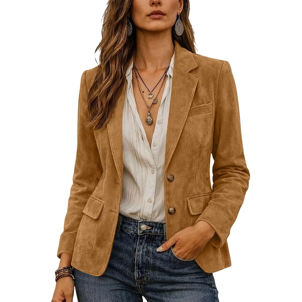 image:imageWomen Faux Suede Jacket Lapel Collar Long Sleeve Button Coat with PocketsKhaki