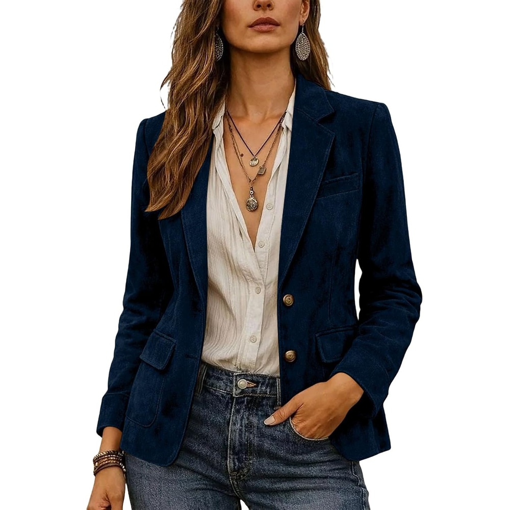 image:imageWomen Faux Suede Jacket Lapel Collar Long Sleeve Button Coat with PocketsNavy Blue