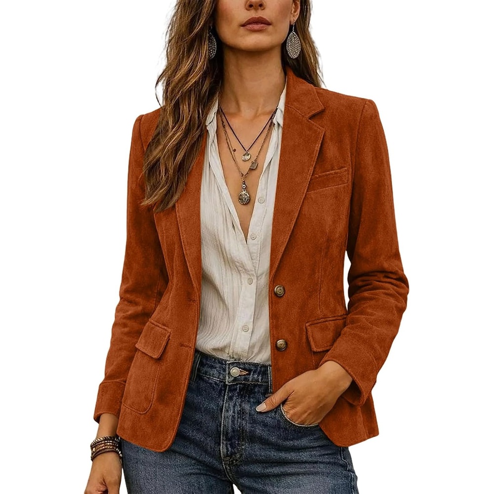 image:imageWomen Faux Suede Jacket Lapel Collar Long Sleeve Button Coat with PocketsOrange