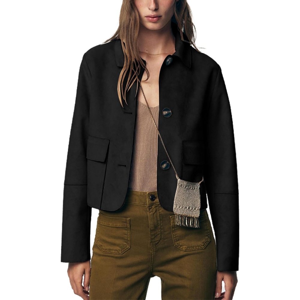 image:imageWomens Faux Suede Cropped Casual Button Down JacketBlack