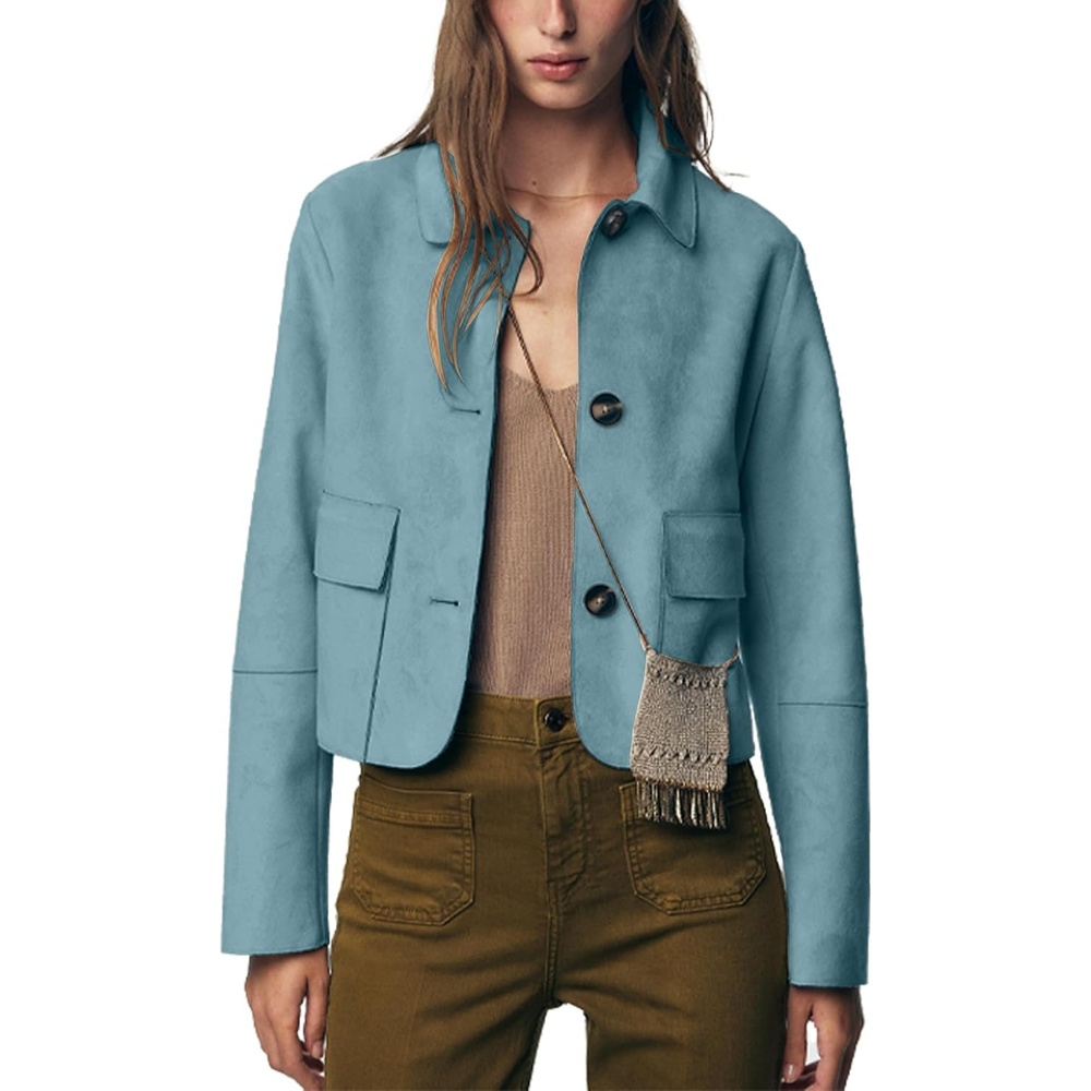image:imageWomens Faux Suede Cropped Casual Button Down JacketBlue