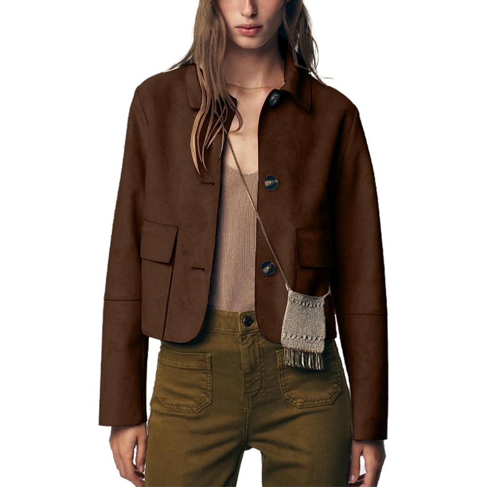 image:imageWomens Faux Suede Cropped Casual Button Down JacketBrown