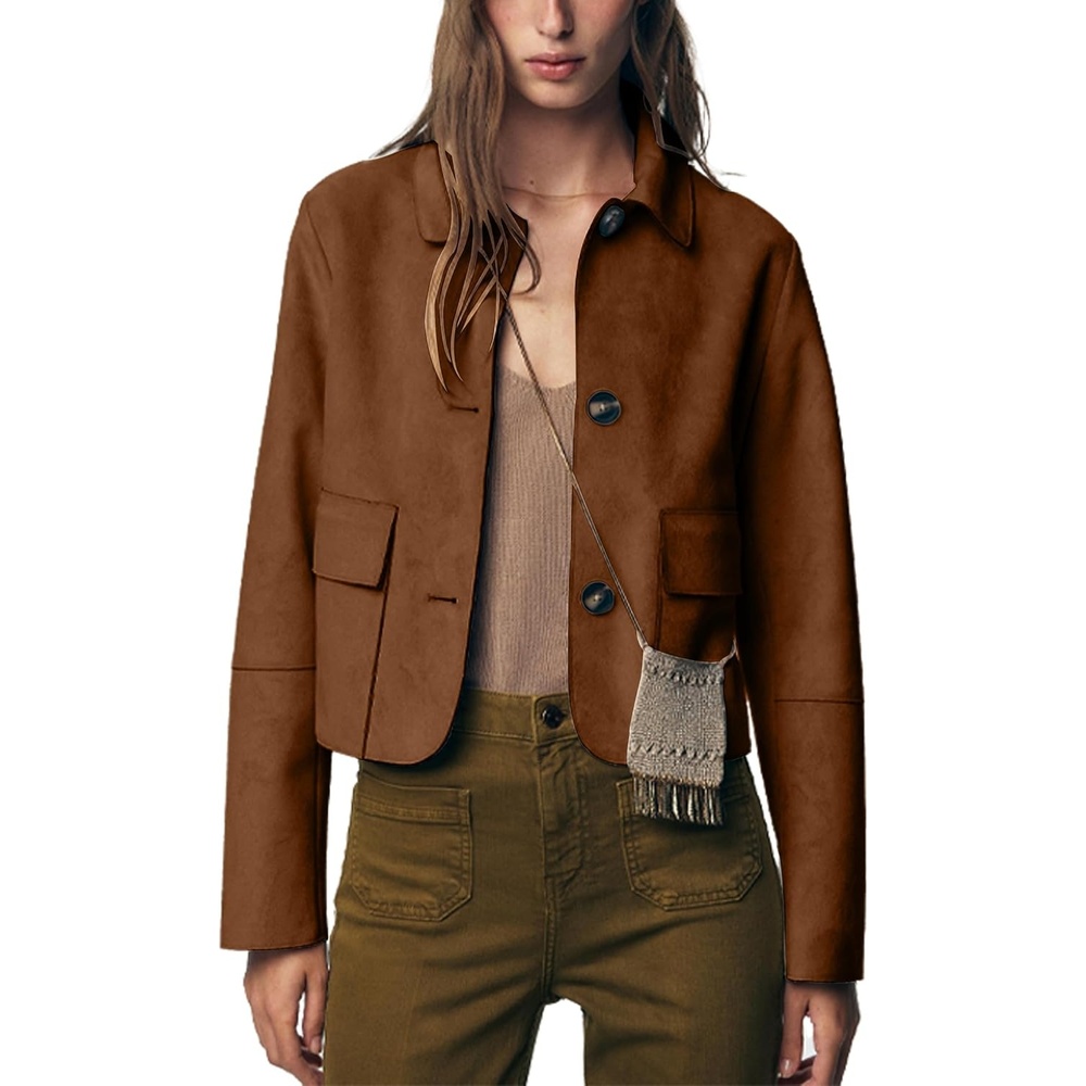 image:imageWomens Faux Suede Cropped Casual Button Down JacketDark Brown