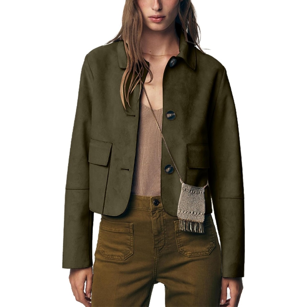 image:imageWomens Faux Suede Cropped Casual Button Down JacketGreen