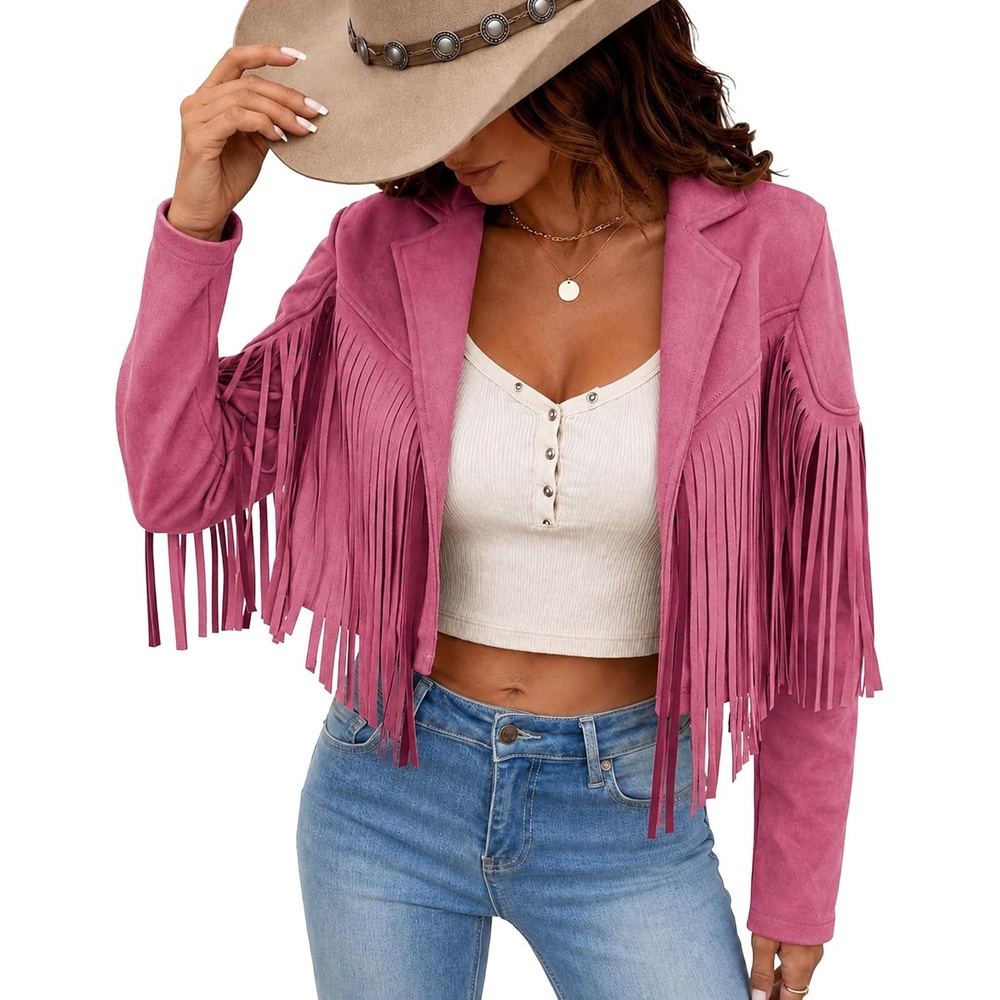 image:imageWomens Faux Suede Fringe Tassel Jacket Cropped Western Cowgirl TopPink