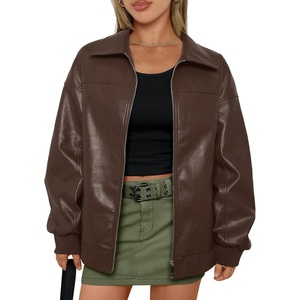 AUTOMET Womens Leather Jackets Oversized Zip Up Faux Bomber Coats 2026(Brown)