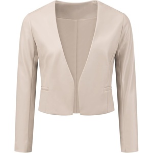 Allegra K Faux Leather Jacket for Women’s Moto Biker Collarless Crop Jacket(Beige)