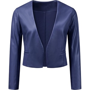 Allegra K Faux Leather Jacket for Women’s Moto Biker Collarless Crop Jacket(Dark Blue)