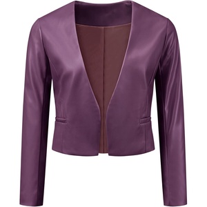 Allegra K Faux Leather Jacket for Women’s Moto Biker Collarless Crop Jacket(Dark Purple)