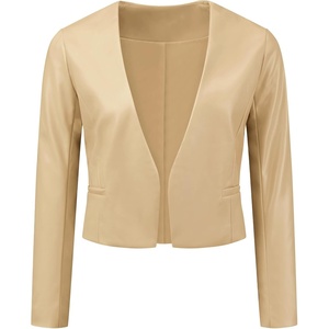Allegra K Faux Leather Jacket for Women’s Moto Biker Collarless Crop Jacket(Gold)