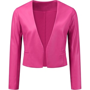 Allegra K Faux Leather Jacket for Women’s Moto Biker Collarless Crop Jacket(Hot Pink)