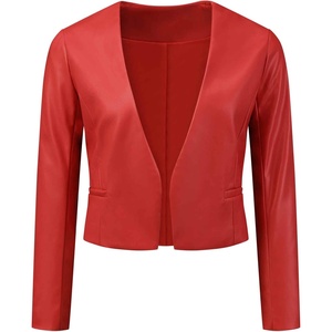 Allegra K Faux Leather Jacket for Women’s Moto Biker Collarless Crop Jacket(Red)
