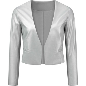 Allegra K Faux Leather Jacket for Women’s Moto Biker Collarless Crop Jacket(Silver)