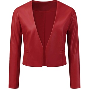 Allegra K Faux Leather Jacket for Women’s Moto Biker Collarless Crop Jacket(Wine Red)