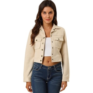 Allegra K Women’s Faux Suede Jacket Button Down Collar Crop Outerwear(Beige)
