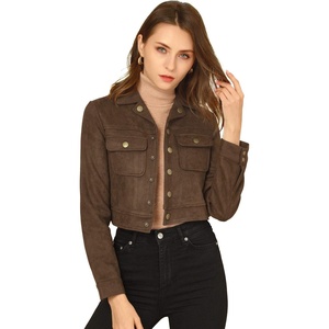 Allegra K Women’s Faux Suede Jacket Button Down Collar Crop Outerwear(Coffee)