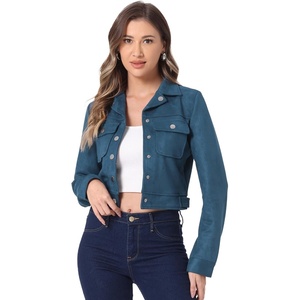 Allegra K Women’s Faux Suede Jacket Button Down Collar Crop Outerwear(Lake Blue)