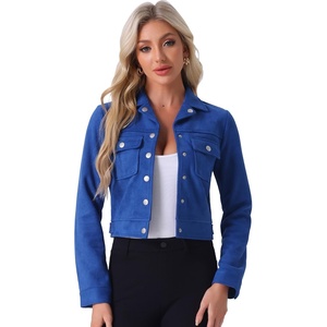 Allegra K Women’s Faux Suede Jacket Button Down Collar Crop Outerwear(Royal Blue)