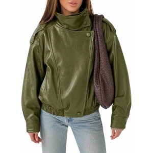 Cicy Bell Womens Faux Leather Jackets Oversized Zip Up Motor Biker Coats(Army Green)