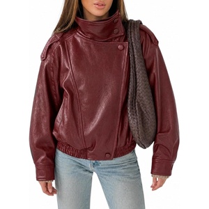 Cicy Bell Womens Faux Leather Jackets Oversized Zip Up Motor Biker Coats(Burgundy)