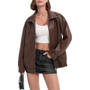 Faux Leather Jackets for Women Oversized Bomber Motorcycle Coat(Brown)