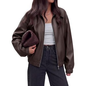 KIRUNDO Fall Jackets for Women Oversized Zip Up Faux Leather Bomber Coats(Dark Brown)